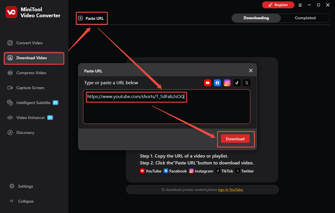 The Download Video interface of MiniTool Video Converter that shows how to analyze the YouTube URL.