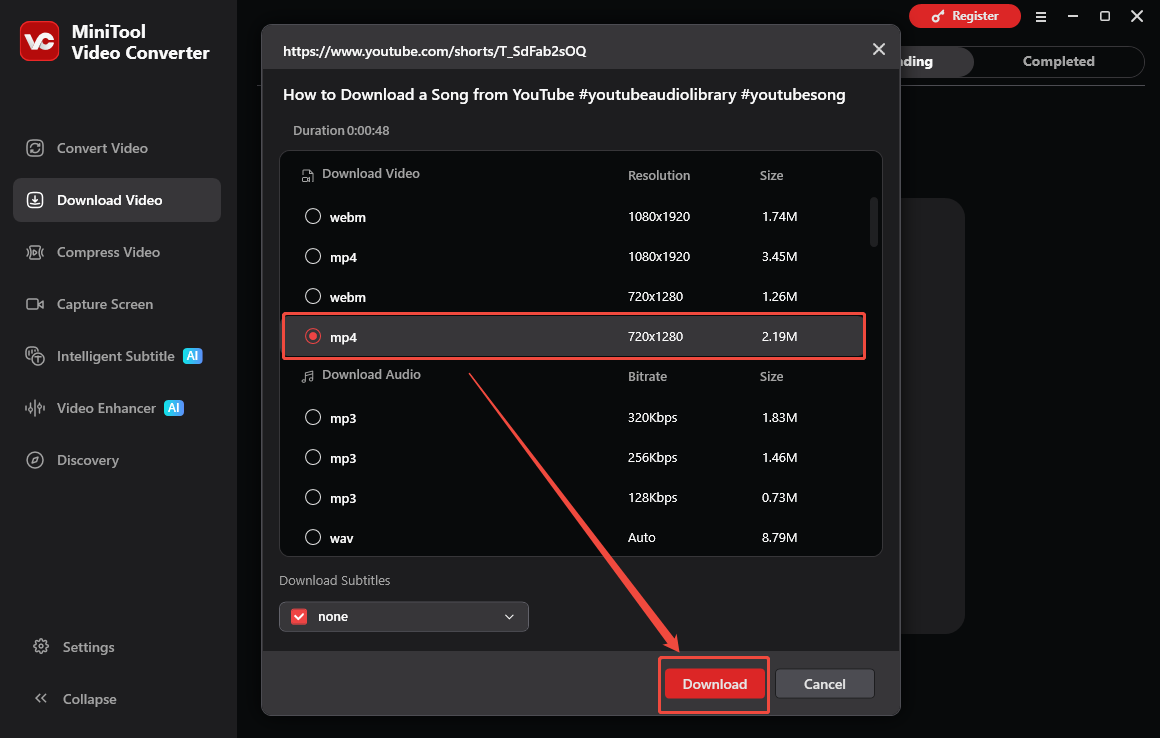 The Download Video interface of MiniTool Video Converter with the output format and the Download option selected.