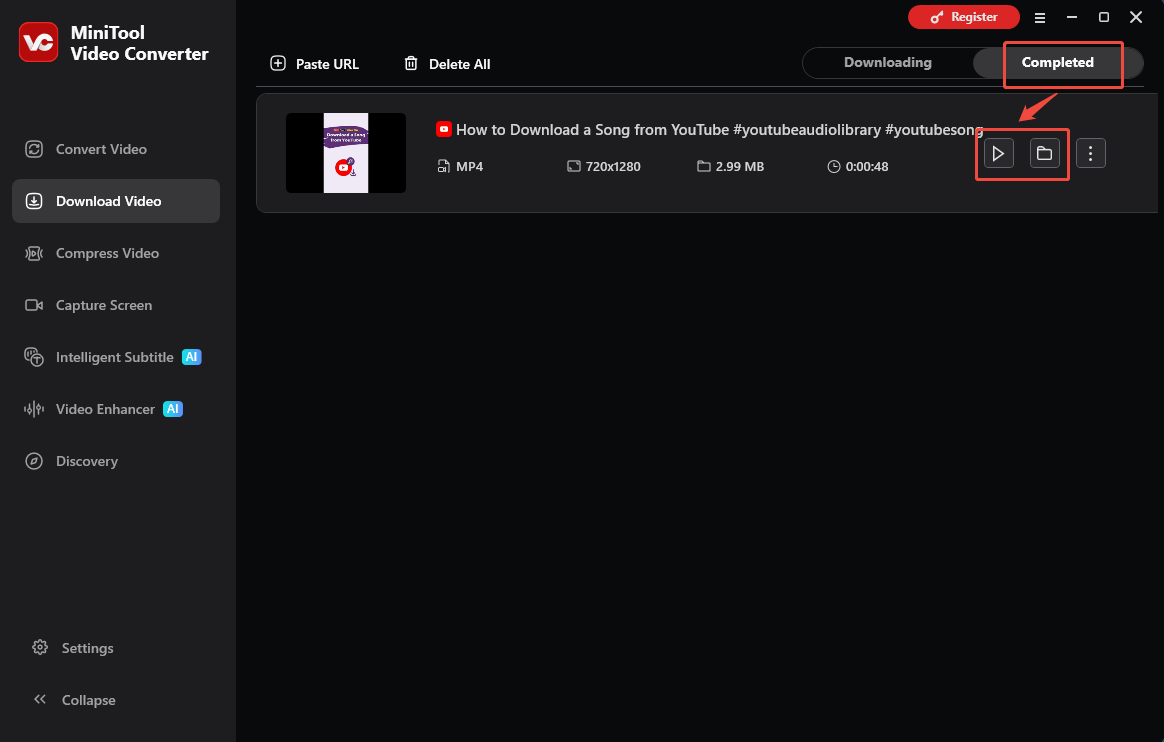 The Download Video interface of MiniTool Video Converter with the Play and Folder icons selected to check the output video.