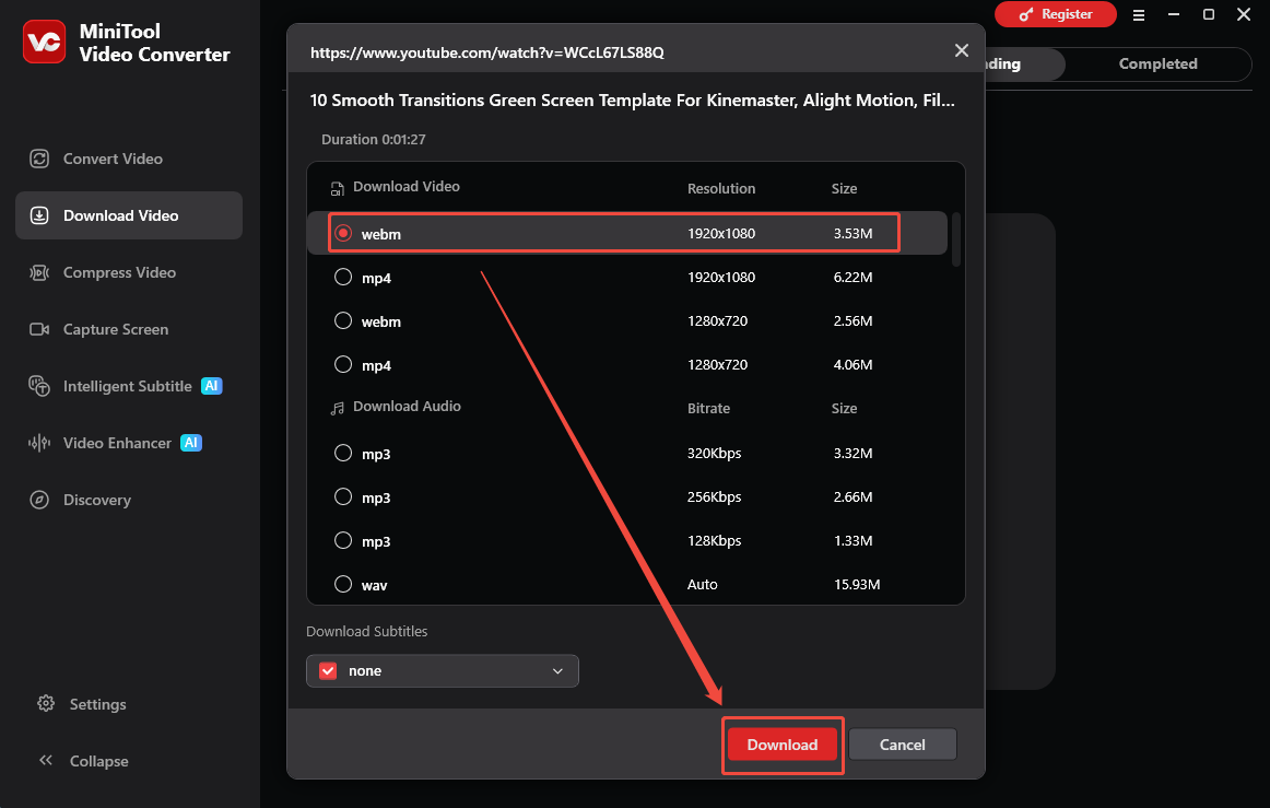 MiniTool Video Converter interface that shows how to set the output settings and begin the download.