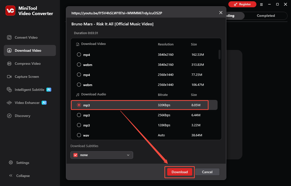 MiniTool Video Converter interface that shows how to set the output settings and begin the download.