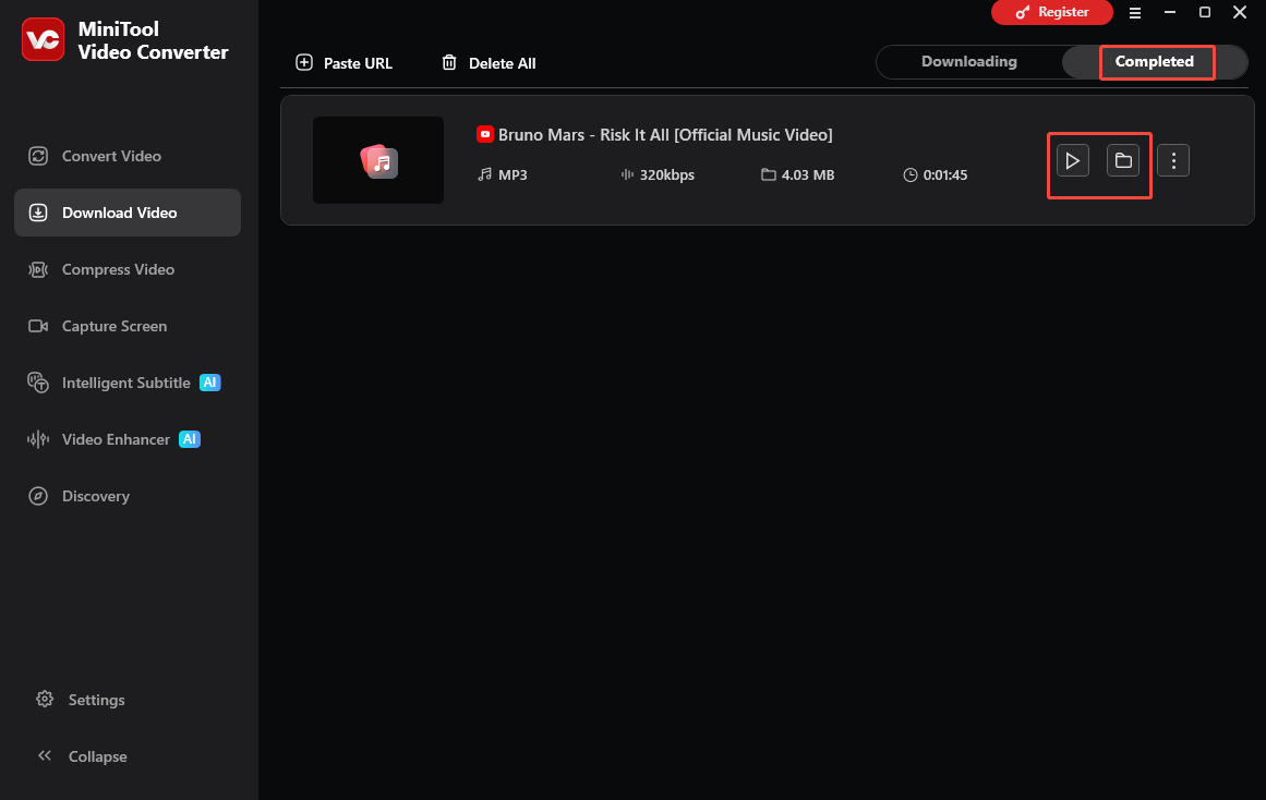 MiniTool Video Converter interface that shows how to view and locate the output audio.
