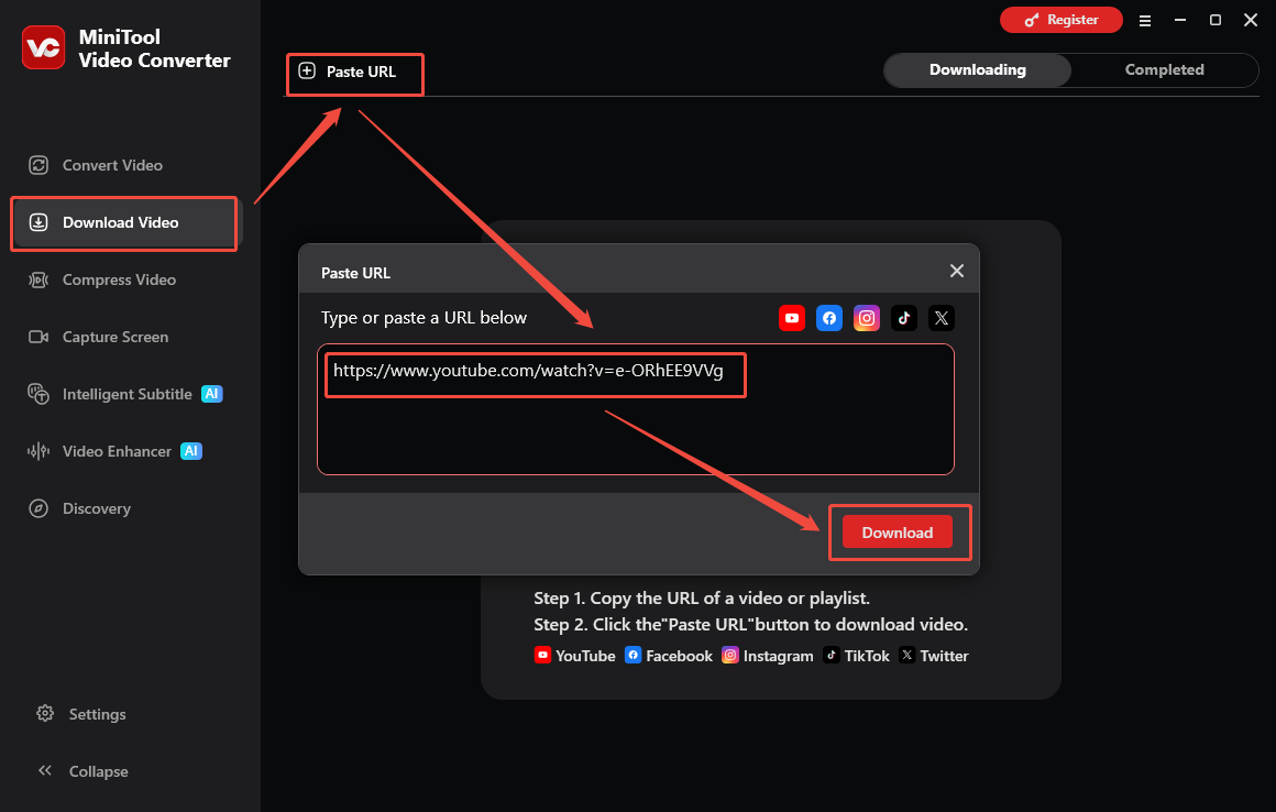 MiniTool Video Converter interface that shows how to analyze the YouTube video link.
