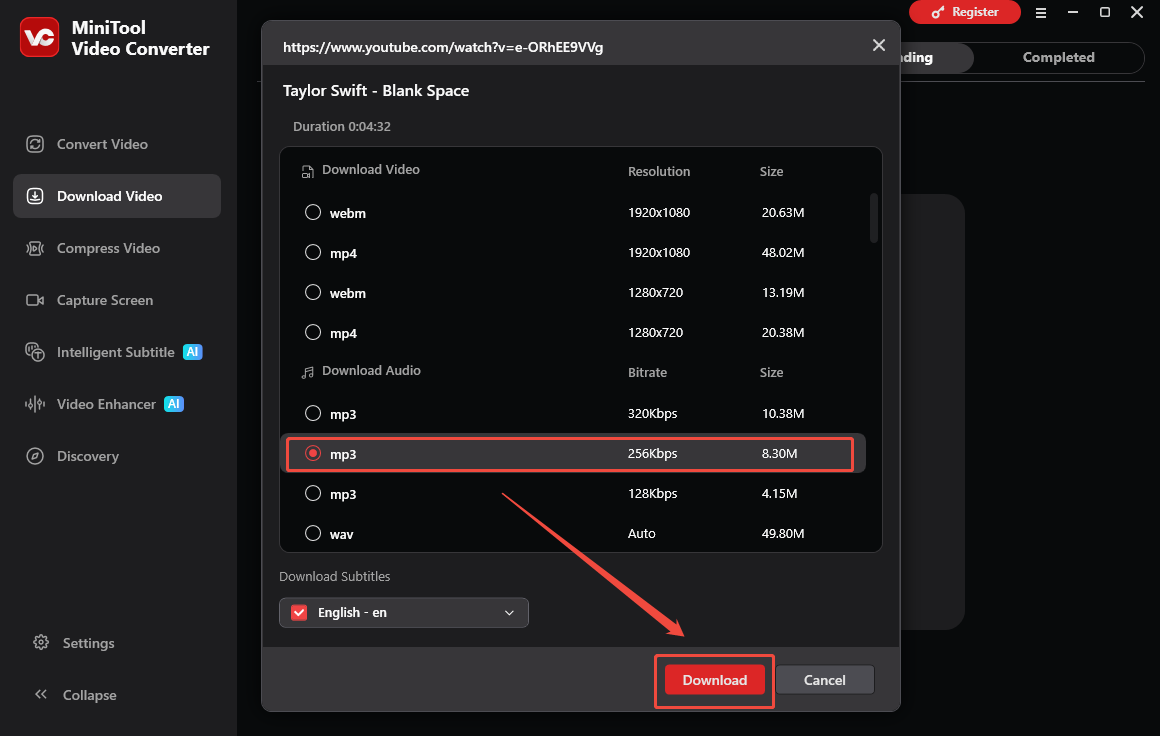MiniTool Video Converter interface that shows how to set the output settings and begin the download.