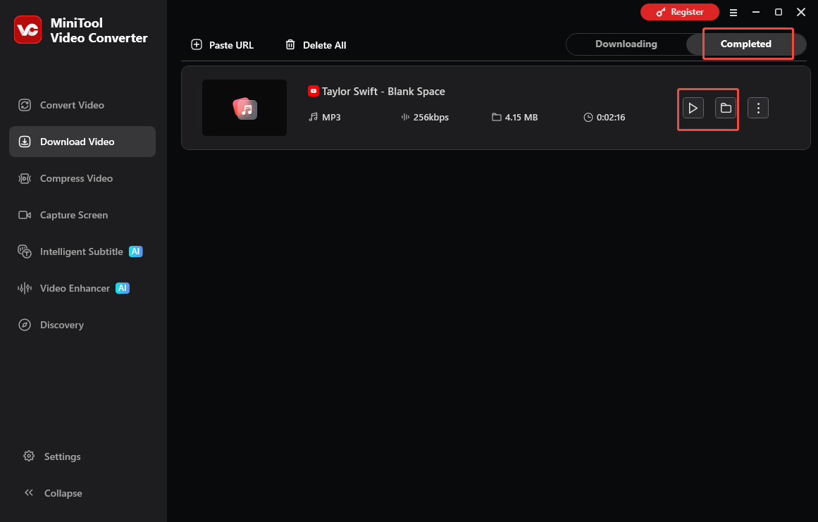 MiniTool Video Converter interface that shows how to set the output settings and begin the download.