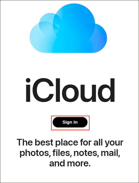 iCloud interface with the Sign In option selected to log in to the account.