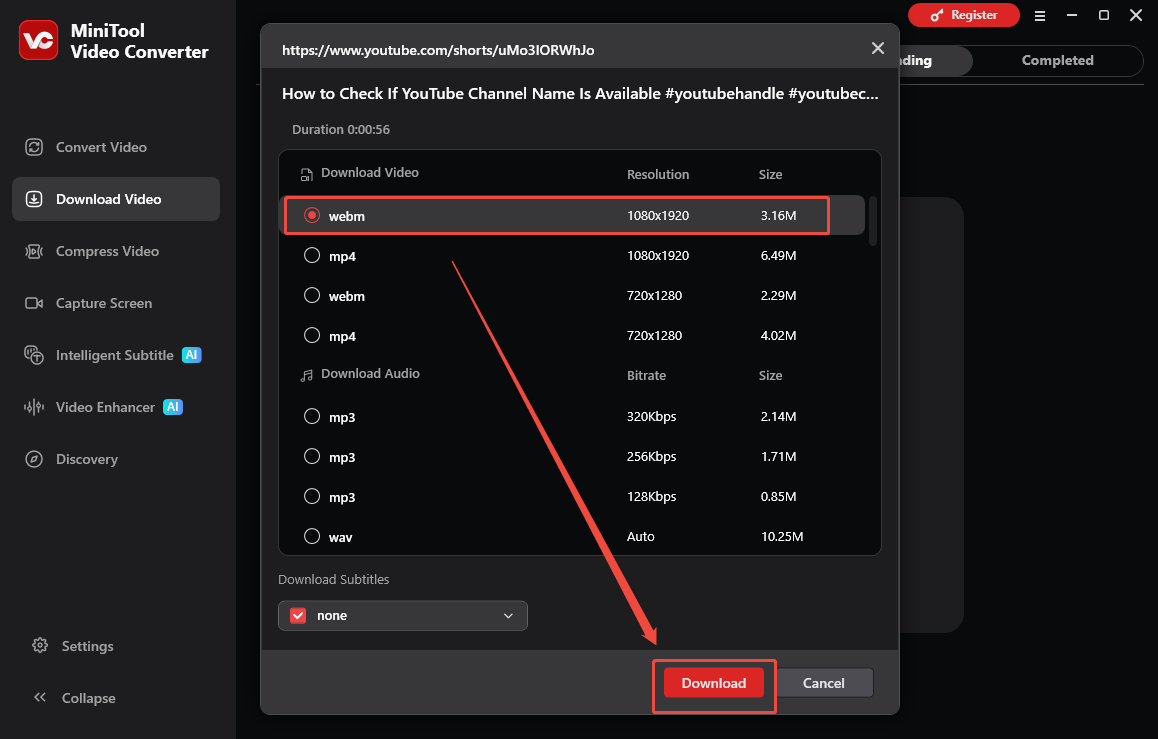 MiniTool Video Converter interface that shows how to set the output settings and begin the download.