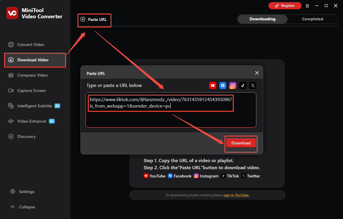The Download Video interface of MiniTool Video Converter that shows how to analyze the TikTok URL.