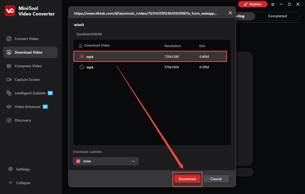 The Download Video interface of MiniTool Video Converter with the output format and the Download option selected.