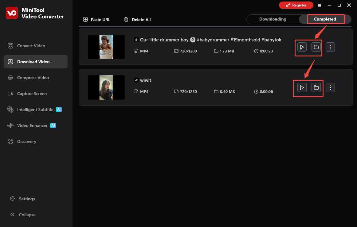 The Download Video interface of MiniTool Video Converter that shows how to check the output files.