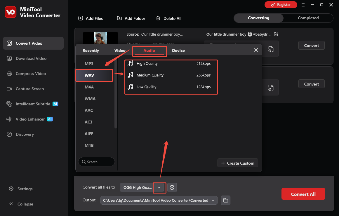 The Convert Video interface of MiniTool Video Converter that shows how to set WAV as the output format.