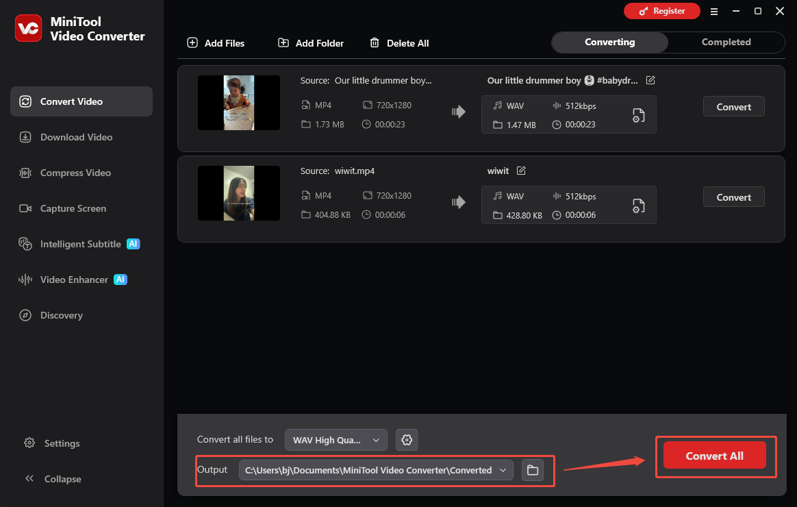The Convert Video interface of MiniTool Video Converter that shows how to set an output folder and begin conversion.