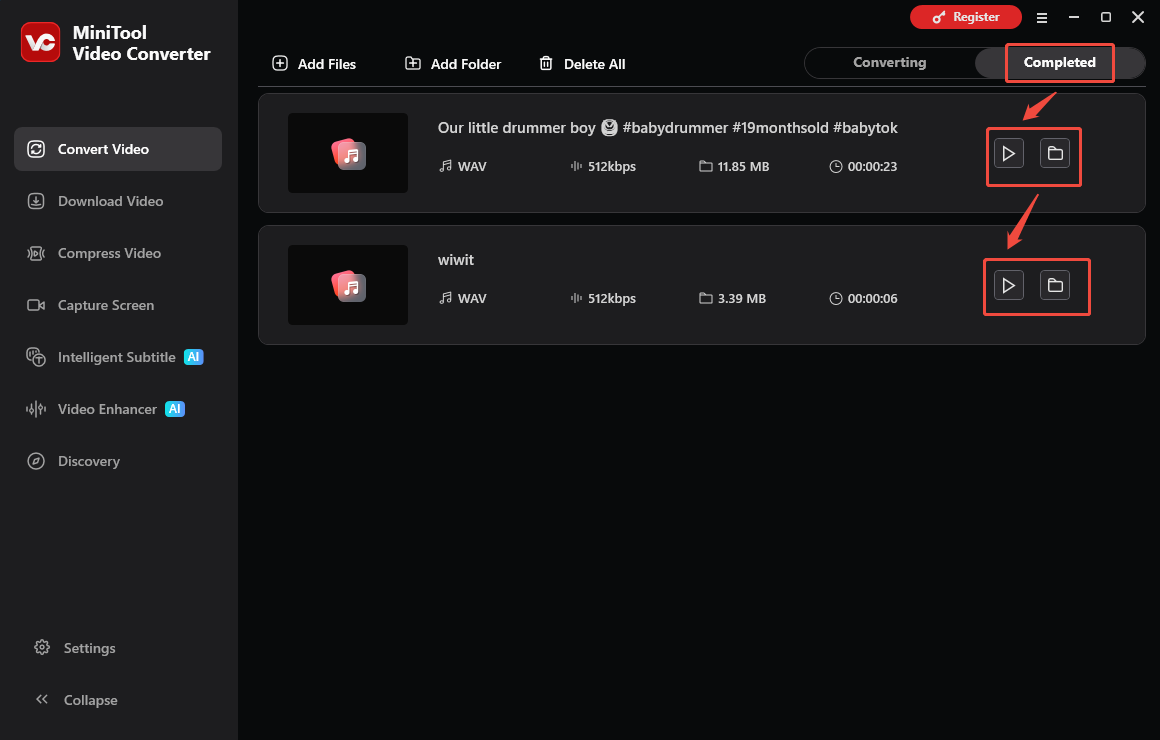 The Convert Video interface of MiniTool Video Converter that shows how to check the output files.