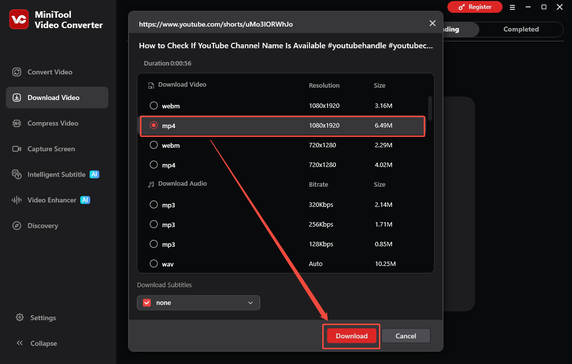The Download Video interface of MiniTool Video Converter with the output format and the Download option selected.