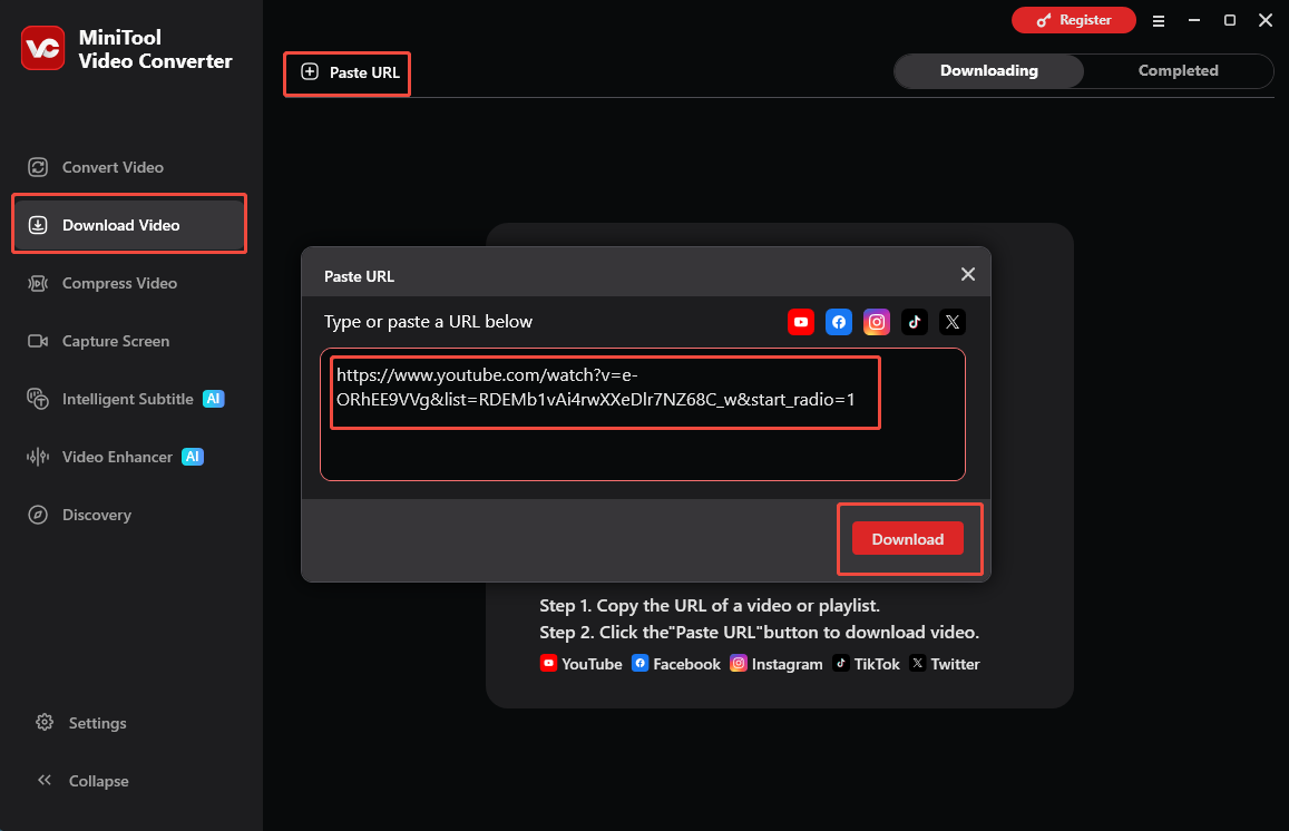 The Download Video interface of MiniTool Video Converter that shows how to analyze the YouTube URL.