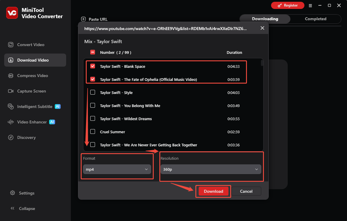 The Download Video interface of MiniTool Video Converter with the output format and the Download option selected.