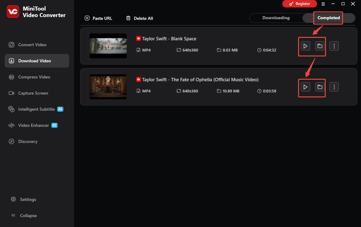 The Download Video interface of MiniTool Video Converter with the Play and Folder icons selected to check the output videos.