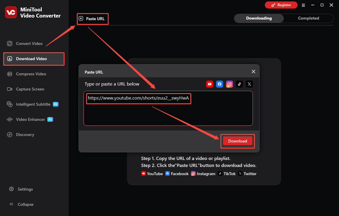 The Download Video interface of MiniTool Video Converter that shows how to analyze the YouTube URL.