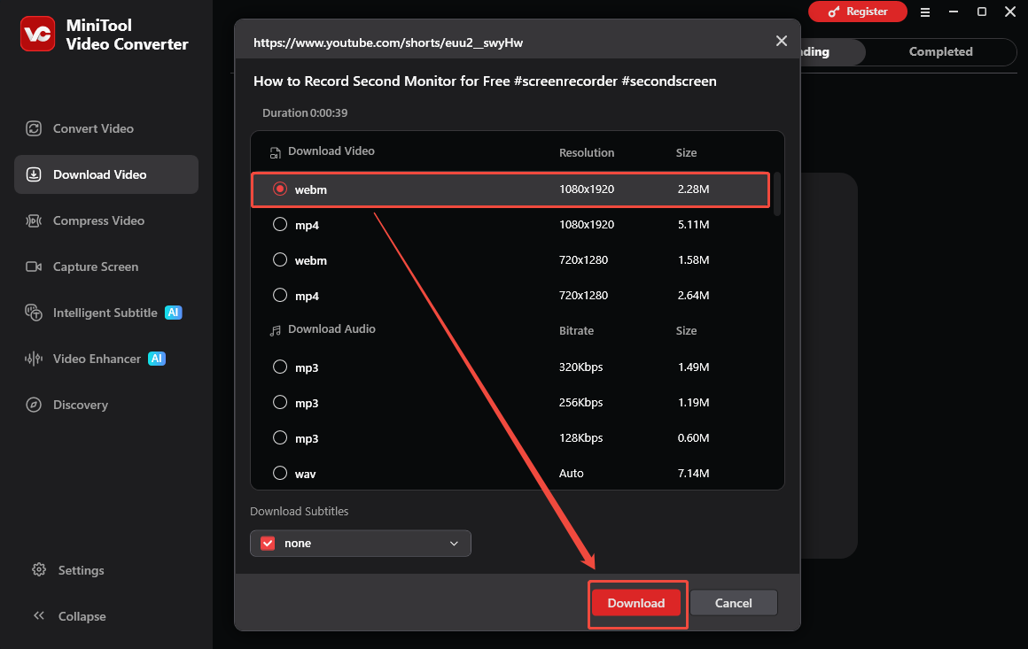 The Download Video interface of MiniTool Video Converter with the output format and the Download option selected.