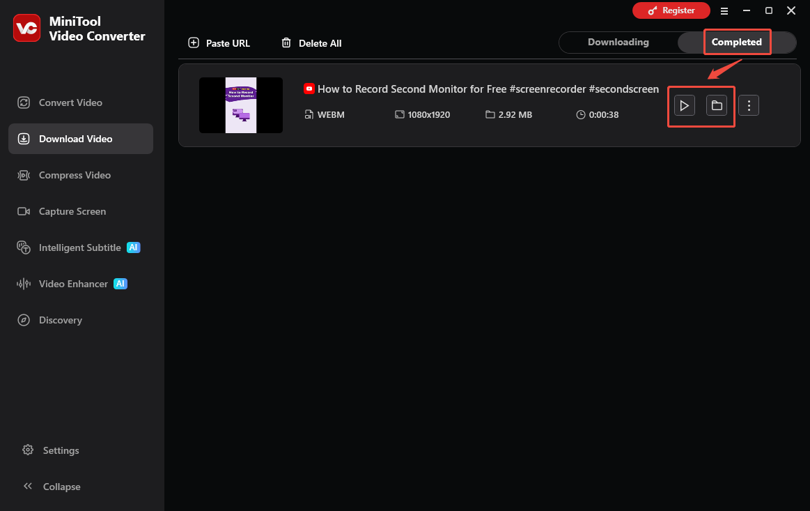 The Download Video interface of MiniTool Video Converter with the Play and Folder icons selected to check the output video.