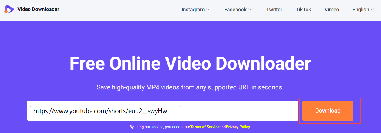 Viddown net interface with the URL copied and the Download option selected to start the link analysis.