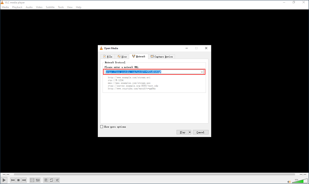 VLC interface that shows how to stream the YouTube content.