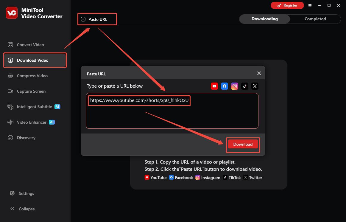 The Download Video interface of MiniTool Video Converter that shows how to analyze the YouTube URL.