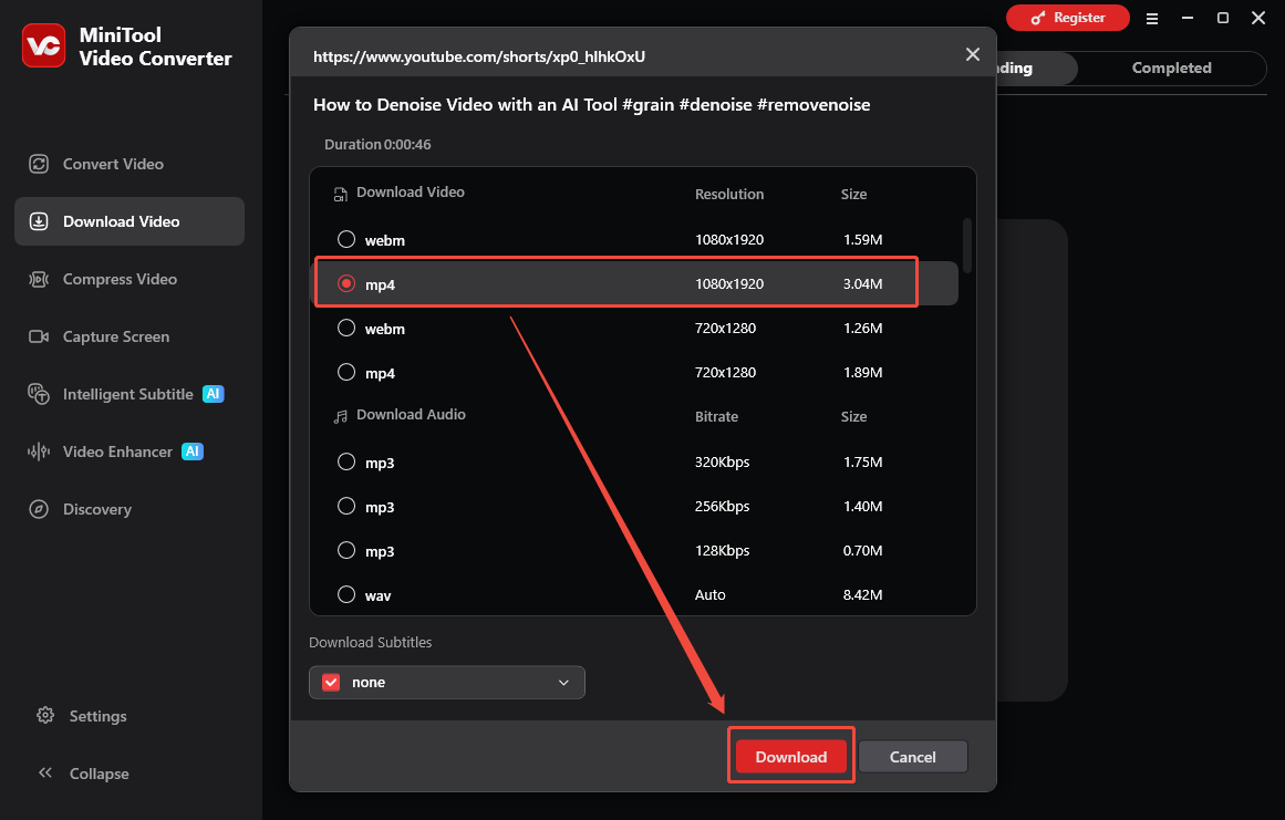 The Download Video interface of MiniTool Video Converter with the output format and the Download option selected.