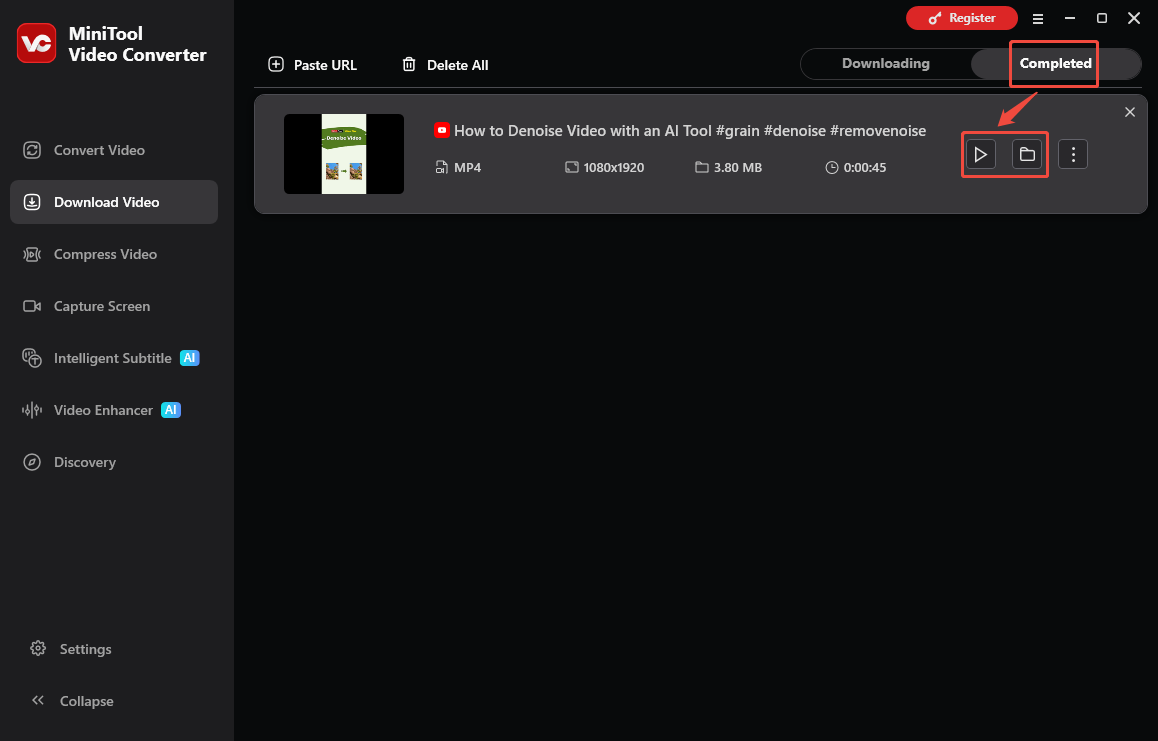 The Download Video interface of MiniTool Video Converter with the Play and Folder icons selected to check the output video.