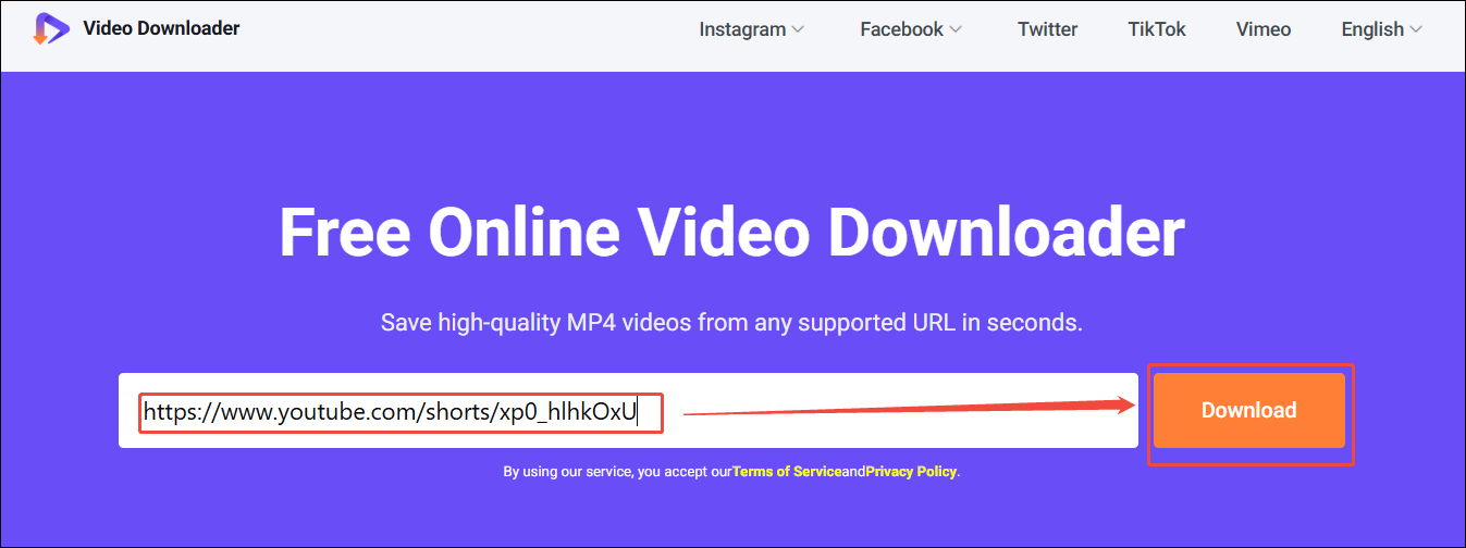 Viddown net interface with the URL copied and the Download option selected to start the link analysis.