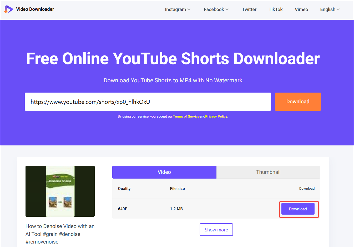 Viddown net interface with the output format and the Download option selected to begin the download process.