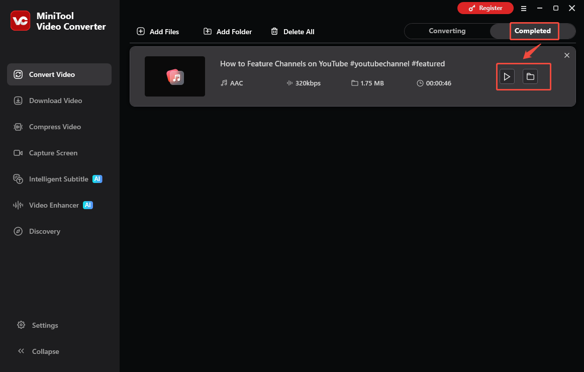 The Convert Video interface of MiniTool Video Converter that shows how to check the output file.