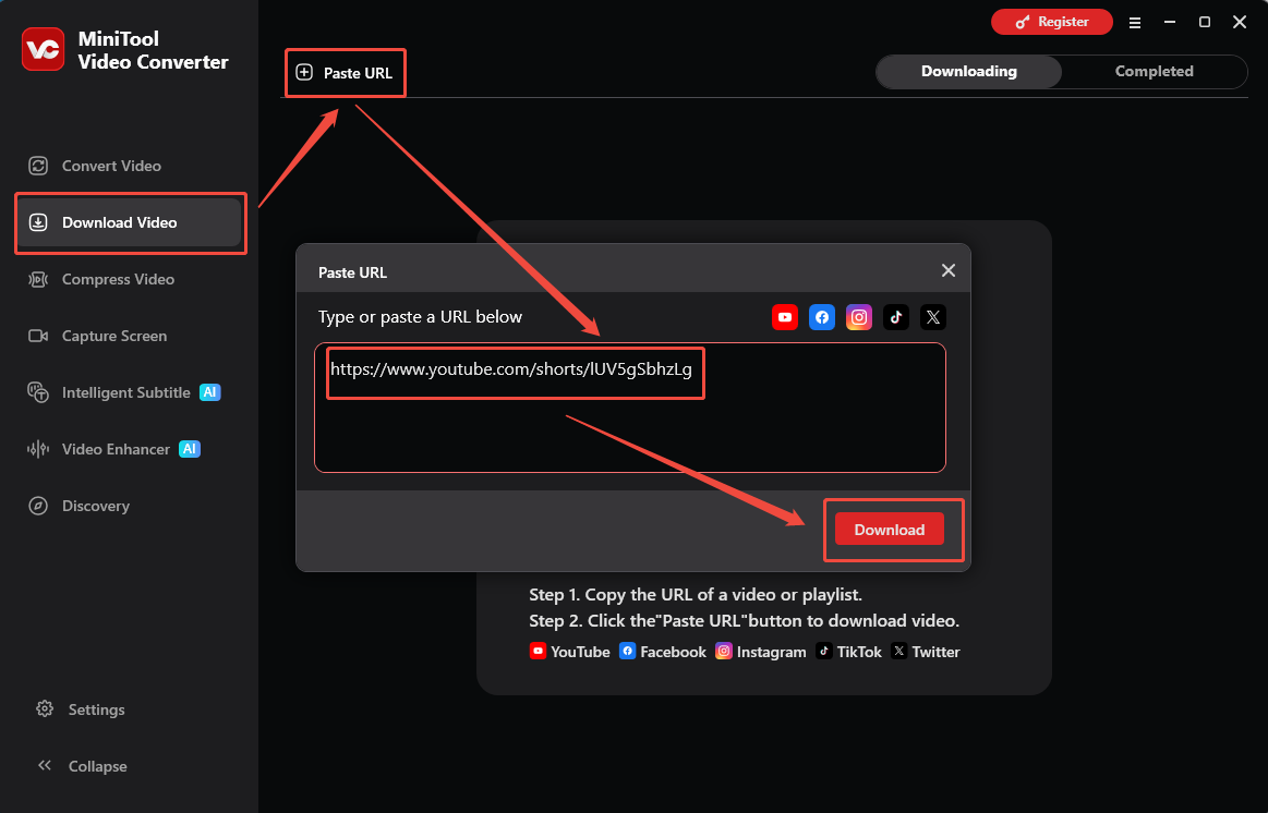 The Download Video interface of MiniTool Video Converter that shows how to analyze the YouTube URL.