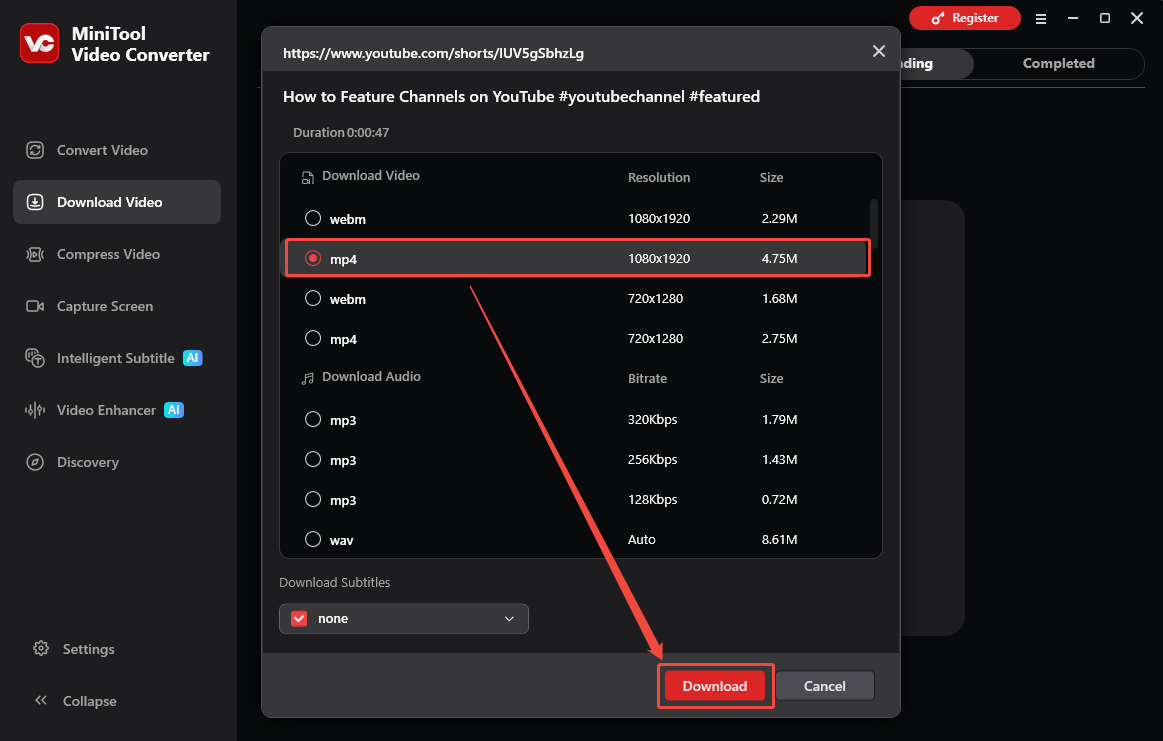 The Download Video interface of MiniTool Video Converter that shows how to set the output resolution and start the download.