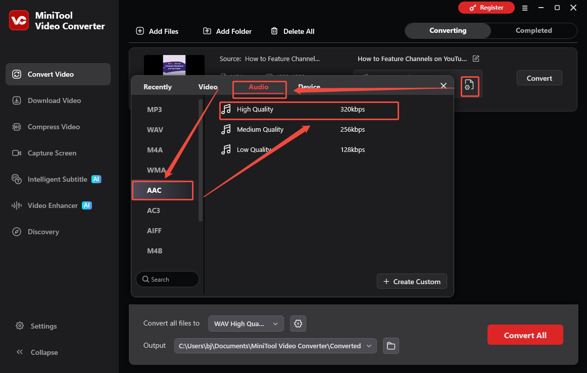 The Convert Video interface of MiniTool Video Converter that shows how to set AAC as the output format.