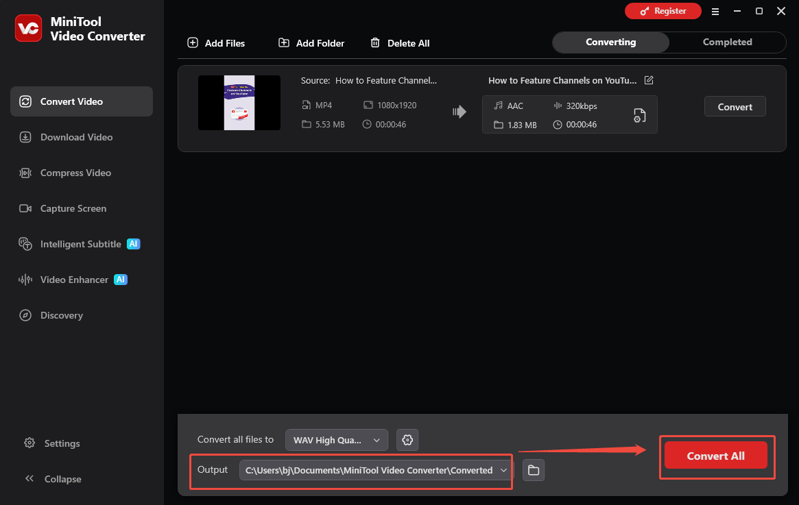 The Convert Video interface of MiniTool Video Converter that shows how to set an output folder and begin conversion.