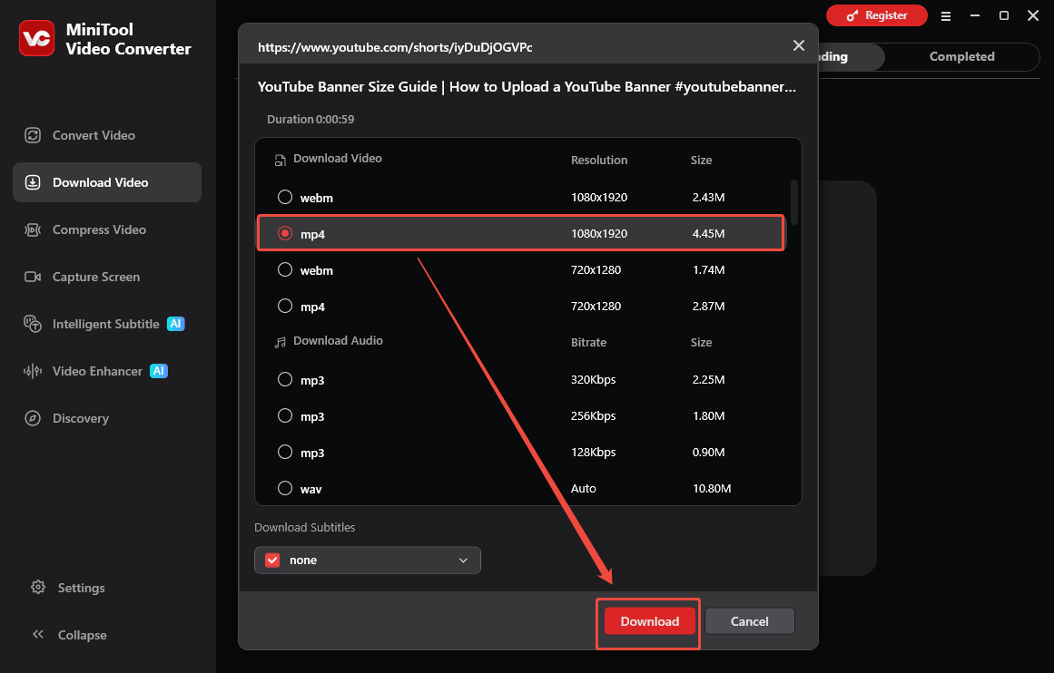 The Download Video interface of MiniTool Video Converter that shows how to set the output resolution and start the download.