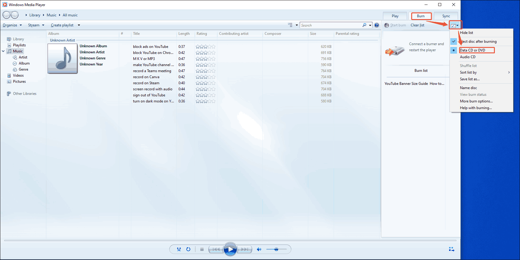 Windows Media Player interface that shows how to enter the Burn window.