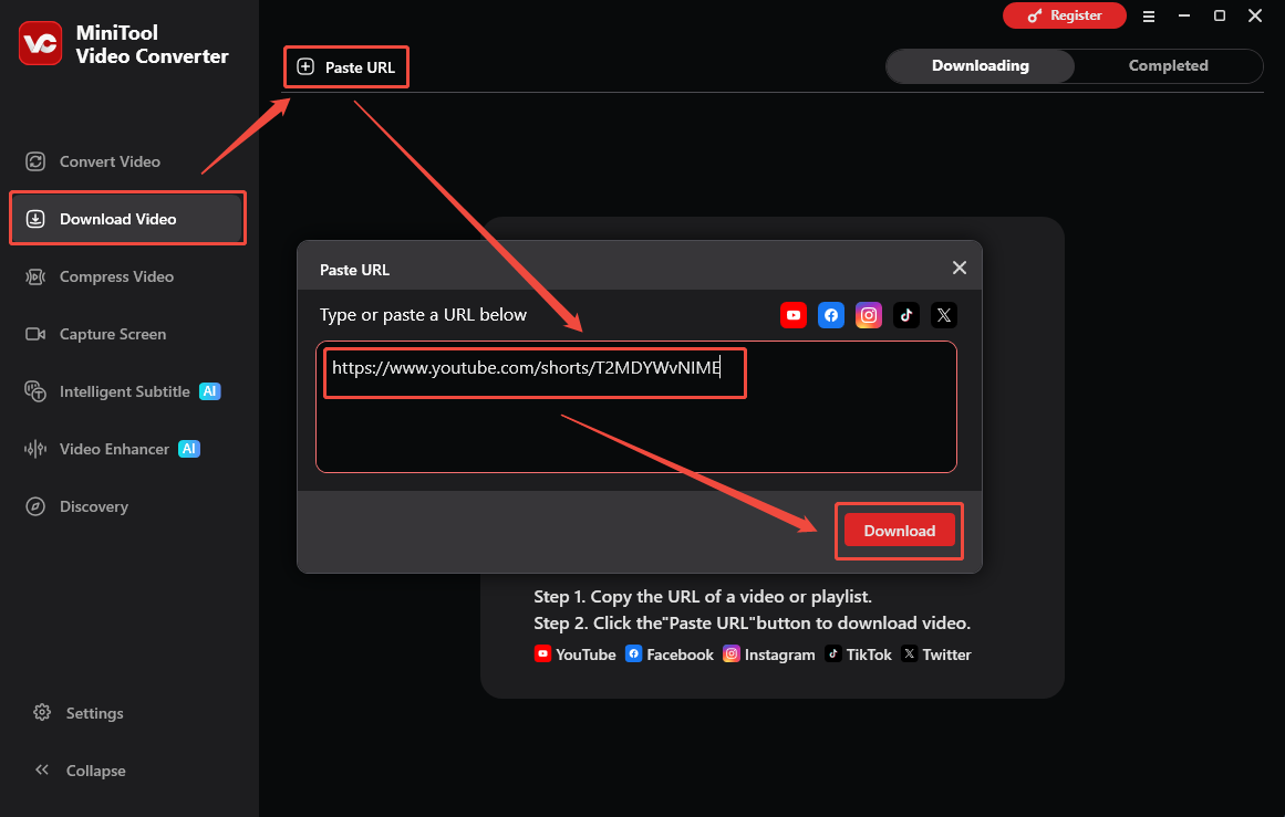 MiniTool Video Converter interface that shows how to analyze the YouTube link under the Download Video section.