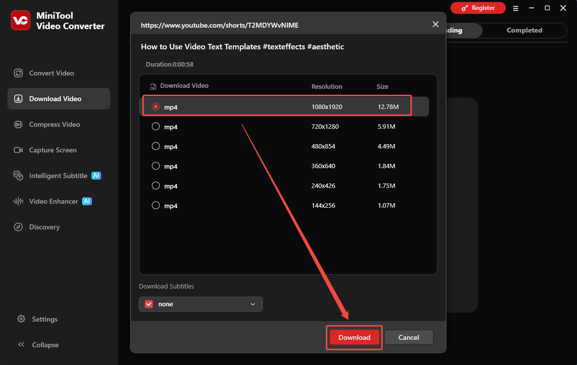 The Download Video interface of MiniTool Video Converter with the output format and the Download option selected.