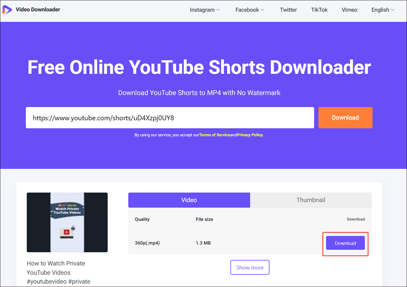 Viddown.net interface with the output resolution and the Download option selected to begin the download process.