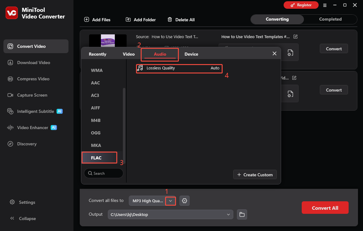 The Convert Video interface of MiniTool Video Converter that shows how to configure the output format.
