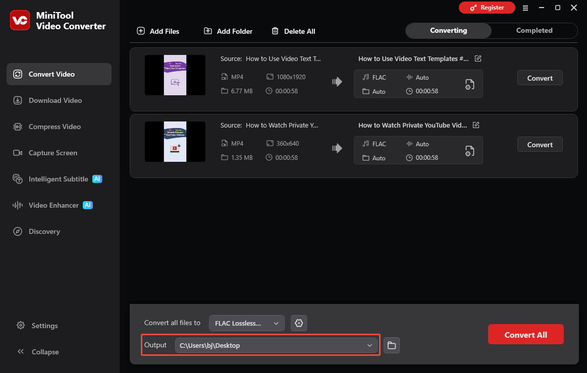 The Convert Video interface of MiniTool Video Converter with the Output option expanded to select an output folder.