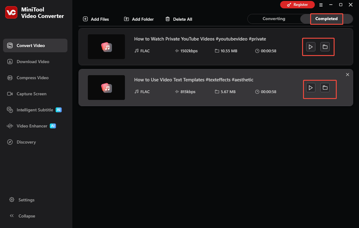 The Convert Video interface of MiniTool Video Converter with the Play and Folder icons to view and locate the output files.