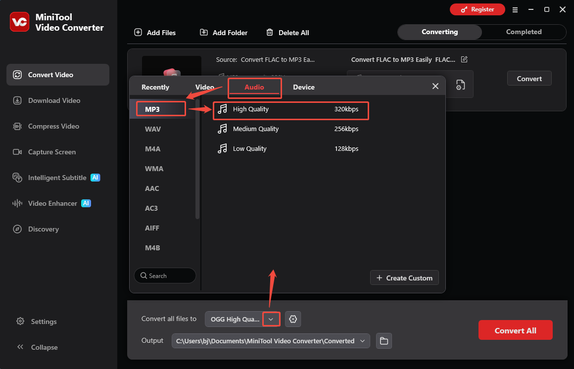 The Convert Video interface of MiniTool Video Converter that shows how to set MOV as the output format.