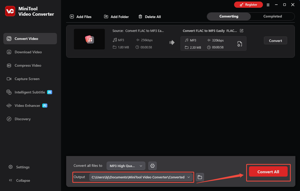 The Convert Video interface of MiniTool Video Converter that shows how to set an output folder and begin conversion.