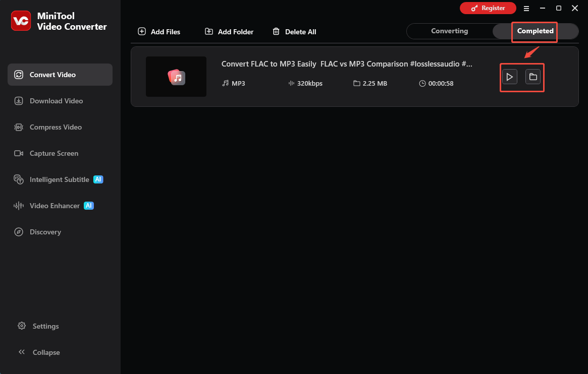 The Convert Video interface of MiniTool Video Converter that shows how to check the output file.