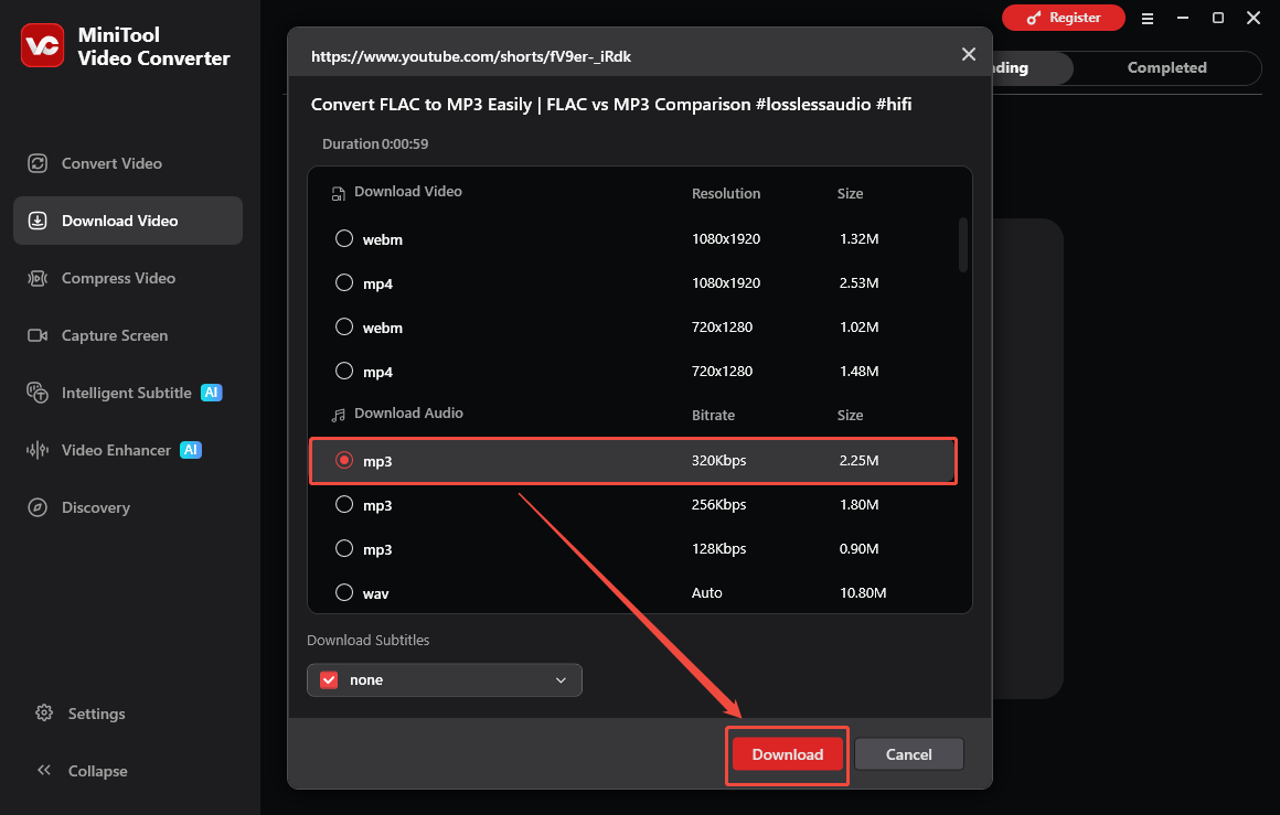 The Download Video interface of MiniTool Video Converter with the output format and the Download option selected.