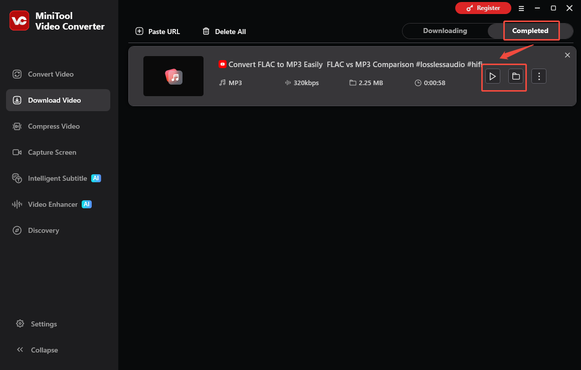 The Download Video interface of MiniTool Video Converter with the Play and Folder icons selected to check the output audio.
