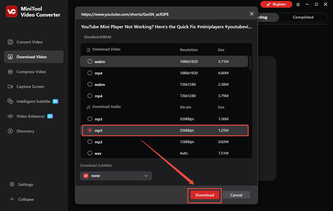 The Download Video interface of MiniTool Video Converter with the output format and the Download option selected.